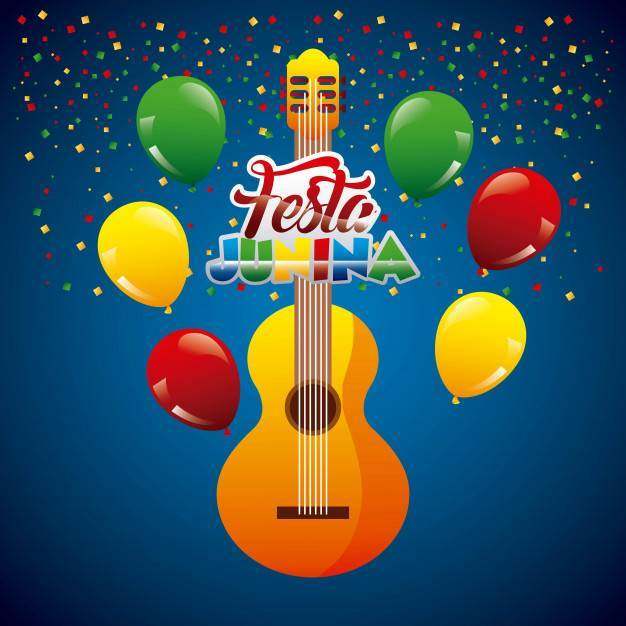 Festa Junina gitar在蓝色背景的五彩纸屑诗歌选