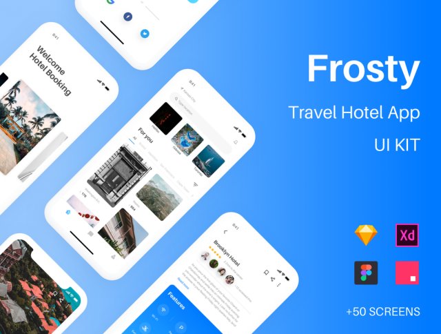 Frosty Traveling酒店预订应用UI工具包，用于Sketch。，Frosty UI Kit