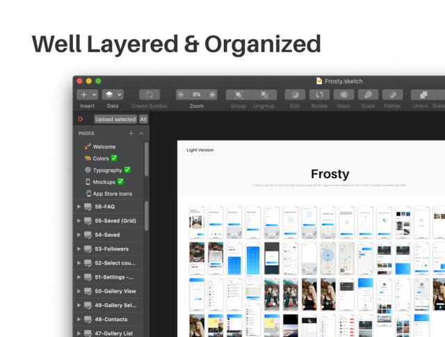 Frosty Traveling酒店预订应用UI工具包，用于Sketch。，Frosty UI Kit