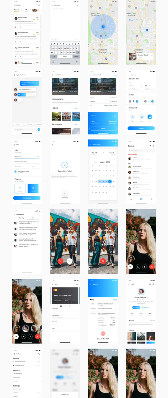 Frosty Traveling酒店预订应用UI工具包，用于Sketch。，Frosty UI Kit