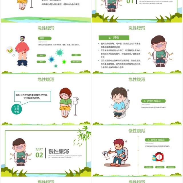 绿色卡通夏季腹泻知识健康教育宣传PPT模板 绿色卡通夏季腹泻知识健康教育宣传PPT模板