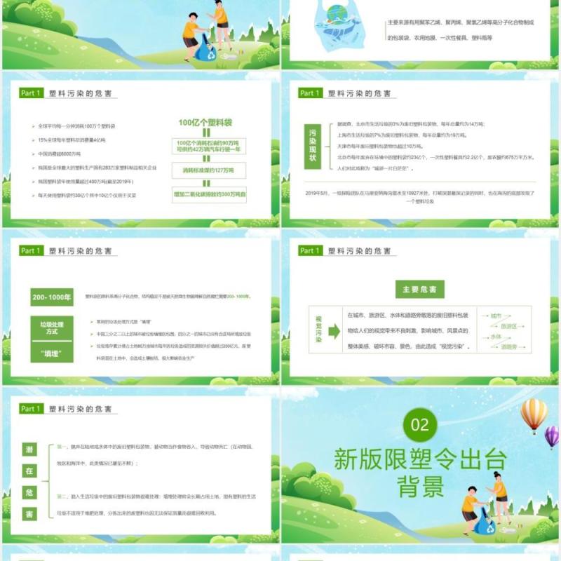 绿色卡通风解读史上最严限塑令通用PPT模板