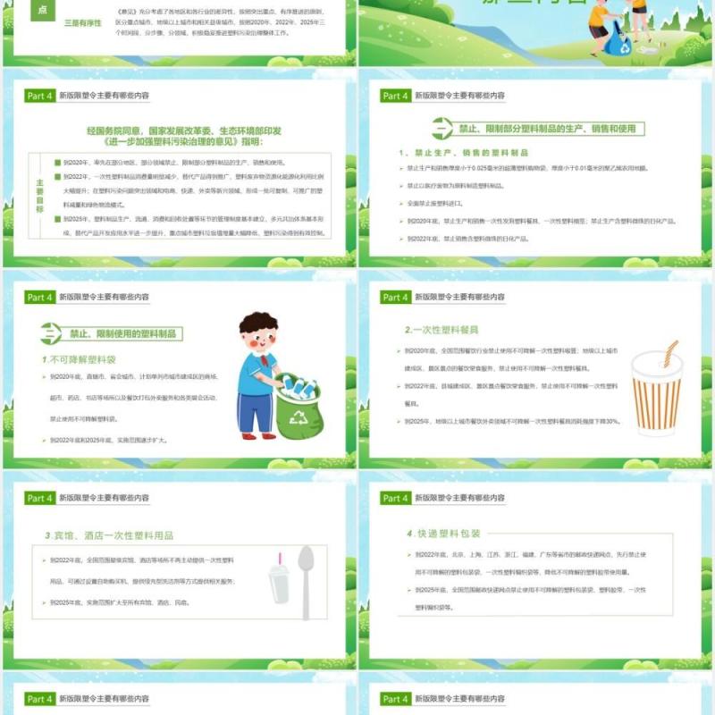 绿色卡通风解读史上最严限塑令通用PPT模板