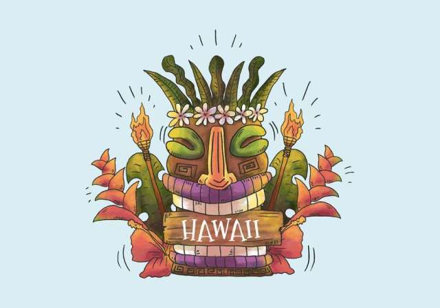 用叶子和热带花卉夏威夷水彩夏威夷面具图腾微笑