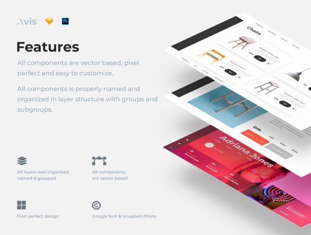 用于Sketch和Photoshop的电子商务UI工具包，Avis - 电子商务UI包