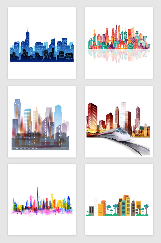 卡通现代城市建筑群PNG免抠素材