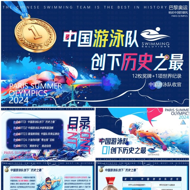 蓝色简约风巴黎奥运会中国游泳队创下历史之最PPT模板 蓝色简约风巴黎奥运会中国游泳队创下历史之最PPT模板