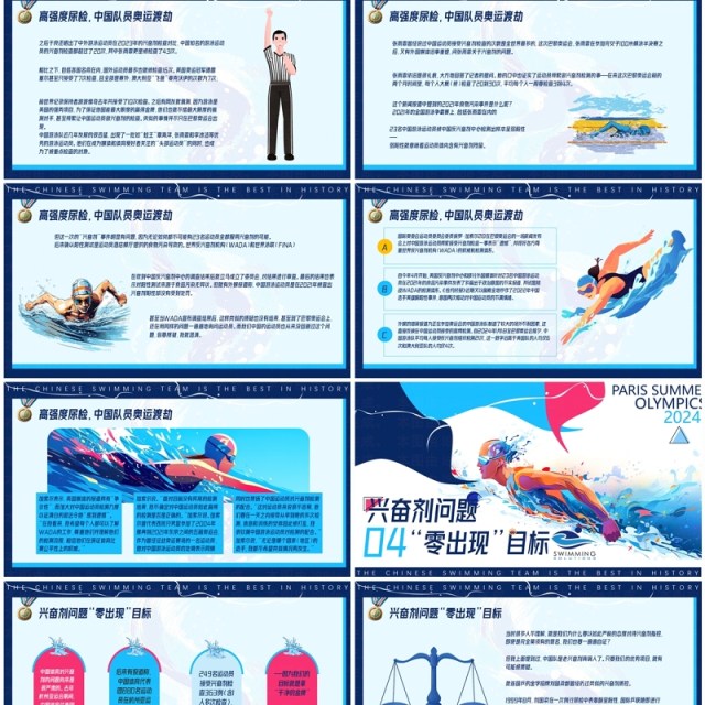 蓝色简约风巴黎奥运会中国游泳队创下历史之最PPT模板 蓝色简约风巴黎奥运会中国游泳队创下历史之最PPT模板