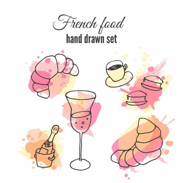 法国食物插图。矢量糕点和咖啡的设计。法国香槟插图。