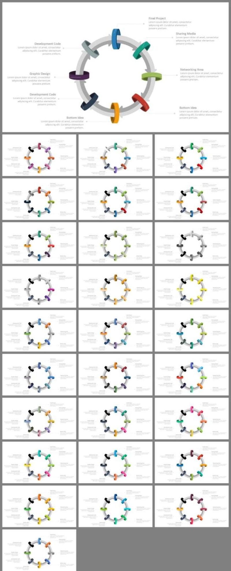 29套配色方案彩色立体环形箭头图表PPT