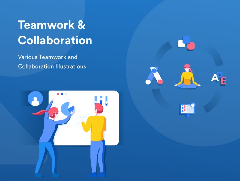 移动和桌面，团队合作和协作插图的团队合作和协作图包