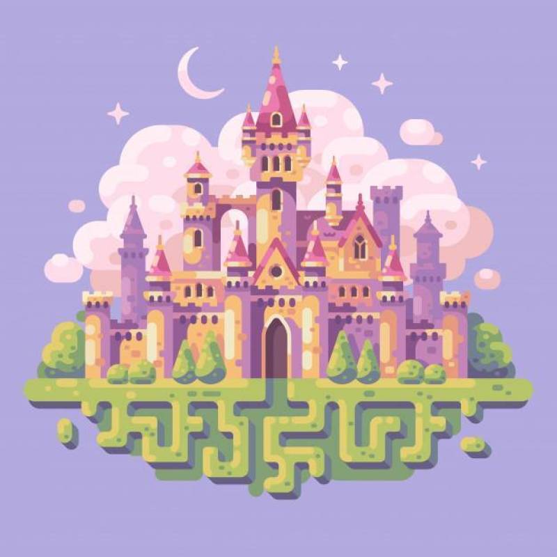 Fairy tale princess castle flat illustration. Fantasy landscape background