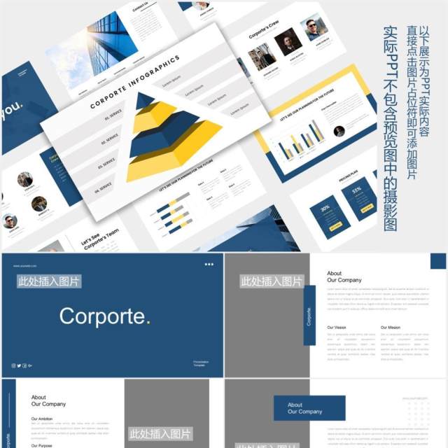蓝色简约商务公司宣传介绍图片版式设计PPT模板Corporate Presentation - iWantemp
