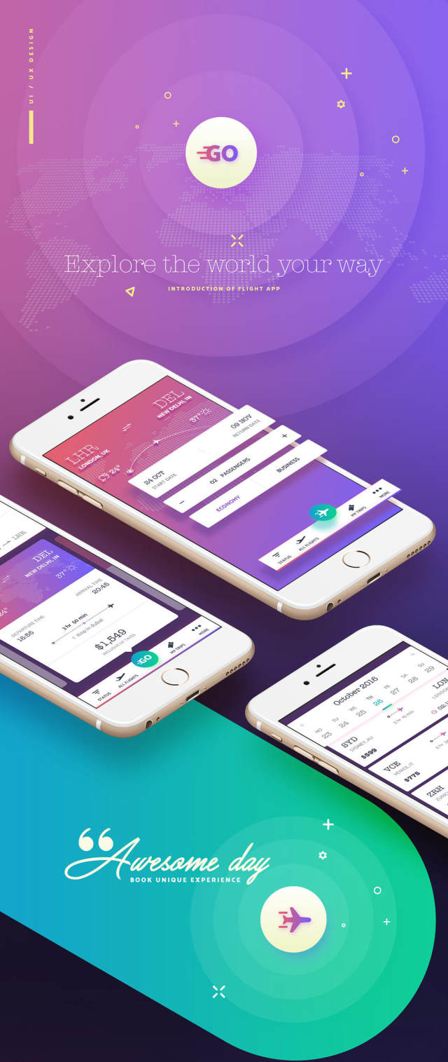 令人敬畏的一天和Book Unique Experience,GoFlight Mobile App - UI套件 令人敬畏的一天和Book Unique Experience,GoFlight Mobile App - UI套件