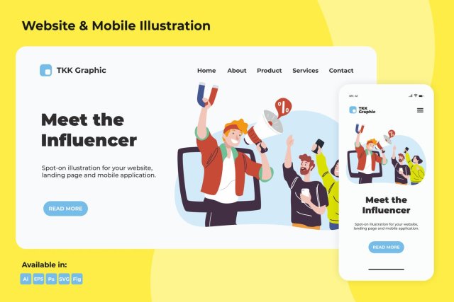 通过网络与有影响力的人见面矢量插画素材Meet the Influencer web and mobile 通过网络与有影响力的人见面矢量插画素材Meet the Influencer web and mobile