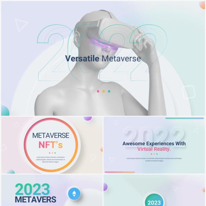 简洁国外互联网元宇宙产品项目介绍PPT模板幻灯片2023 Versatile Metavers Light