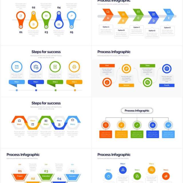 彩色流程图关系图结构图PPT图表素材Process Powerpoint Infographics