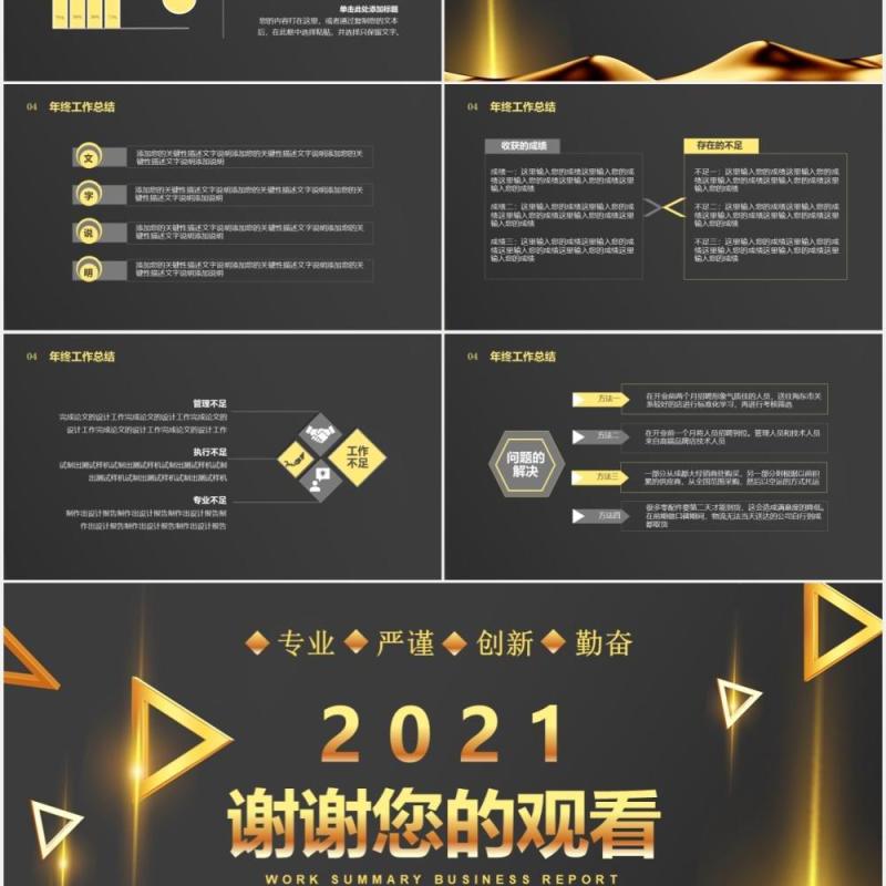 黑金商务风年终工作总结复盘计划通用PPT模板