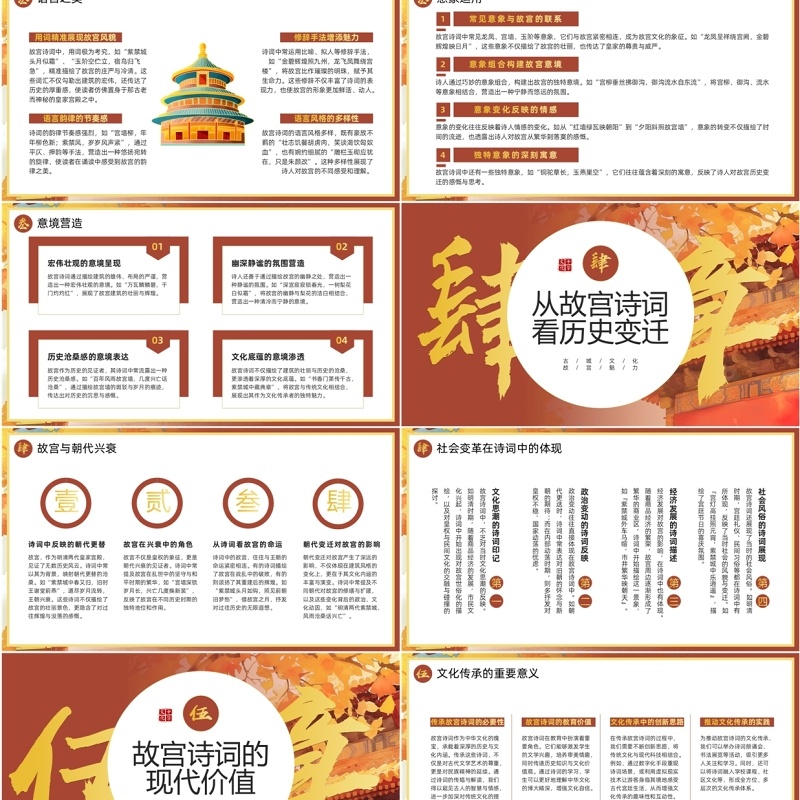 红色中国风描写故宫的诗词PPT模板