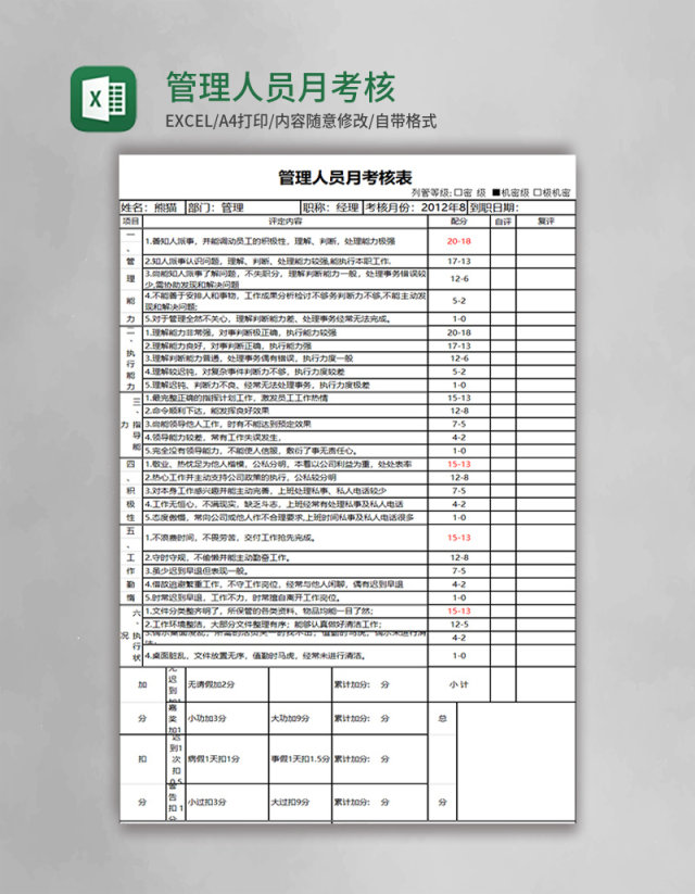 管理人员月考核表excel模板