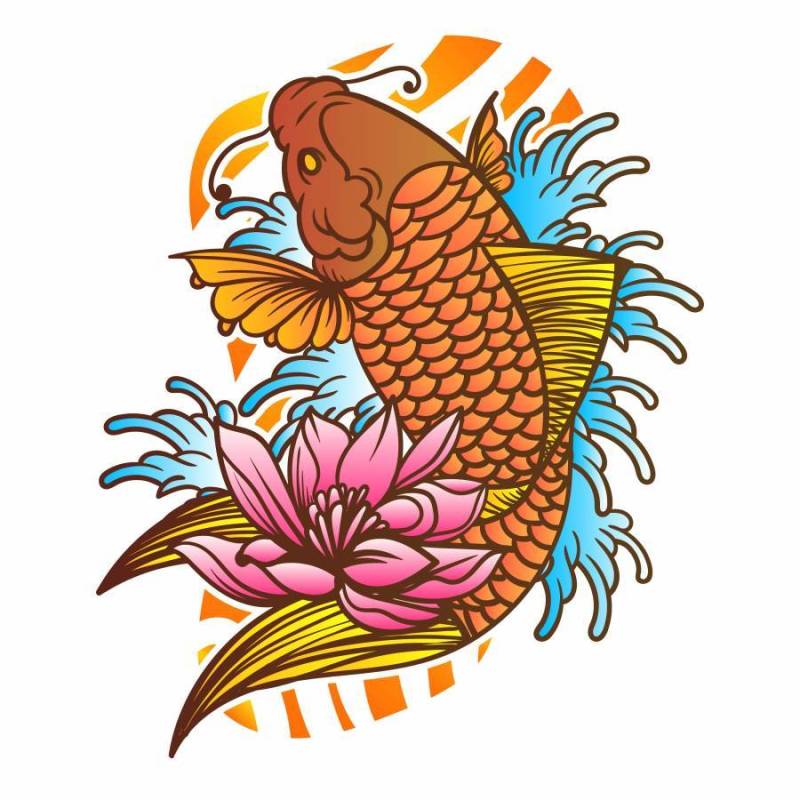 传统的日本锦鲤鱼纹身波与花背景矢量图