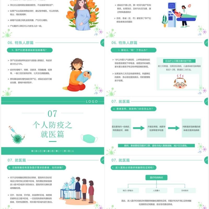 绿色插画风防控疫情健康生活防疫手册PPT模板