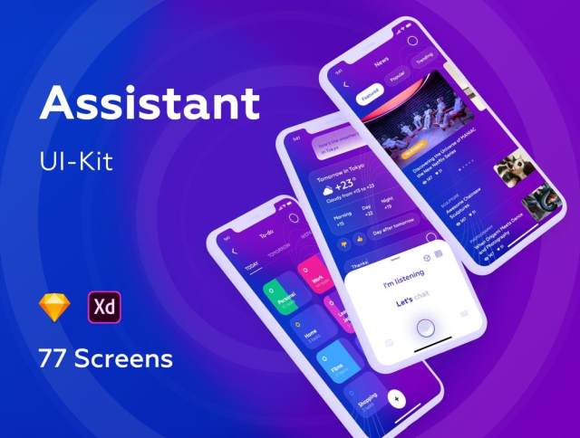 Sketch和Adobe XD的个人助理应用程序UI工具包,助理UI工具包 Sketch和Adobe XD的个人助理应用程序UI工具包,助理UI工具包