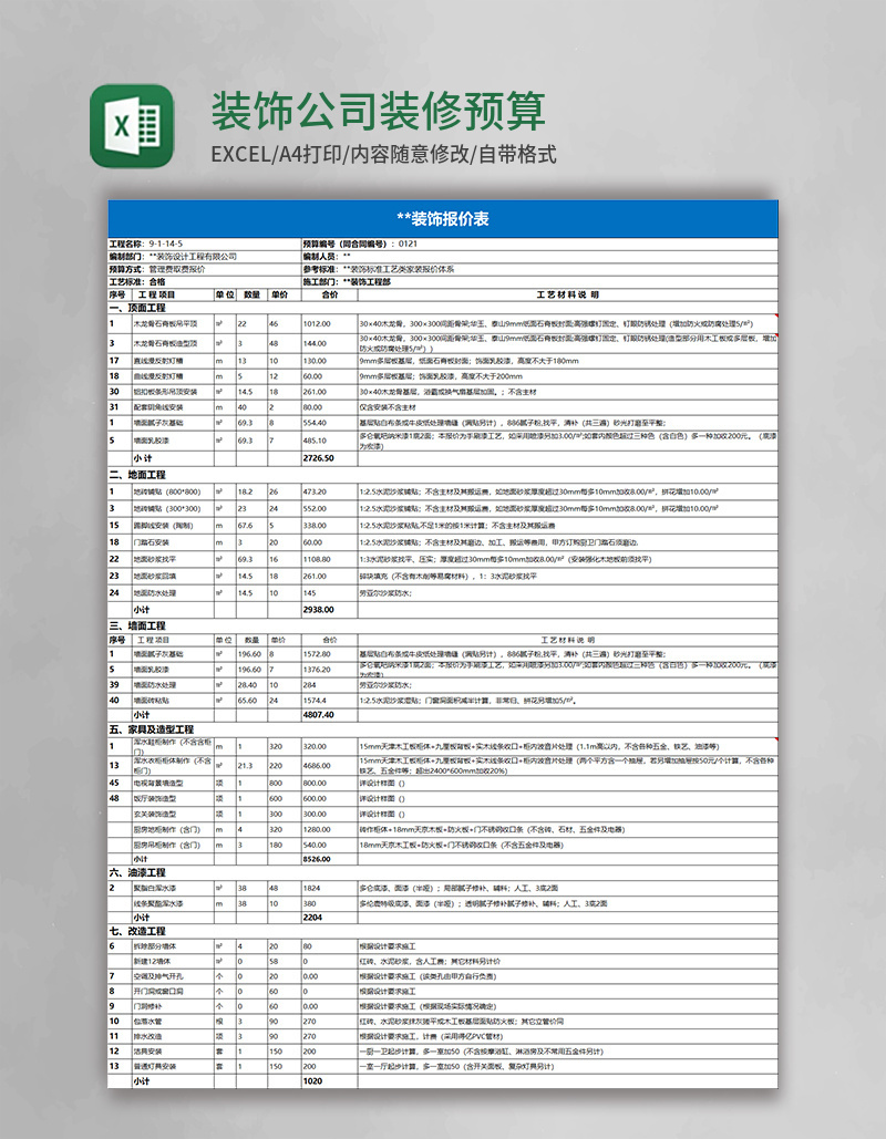 装饰公司装修预算excel模板