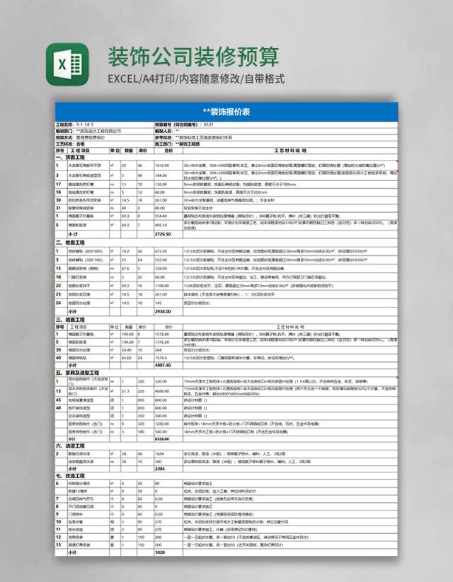 装饰公司装修预算excel模板 装饰公司装修预算excel模板
