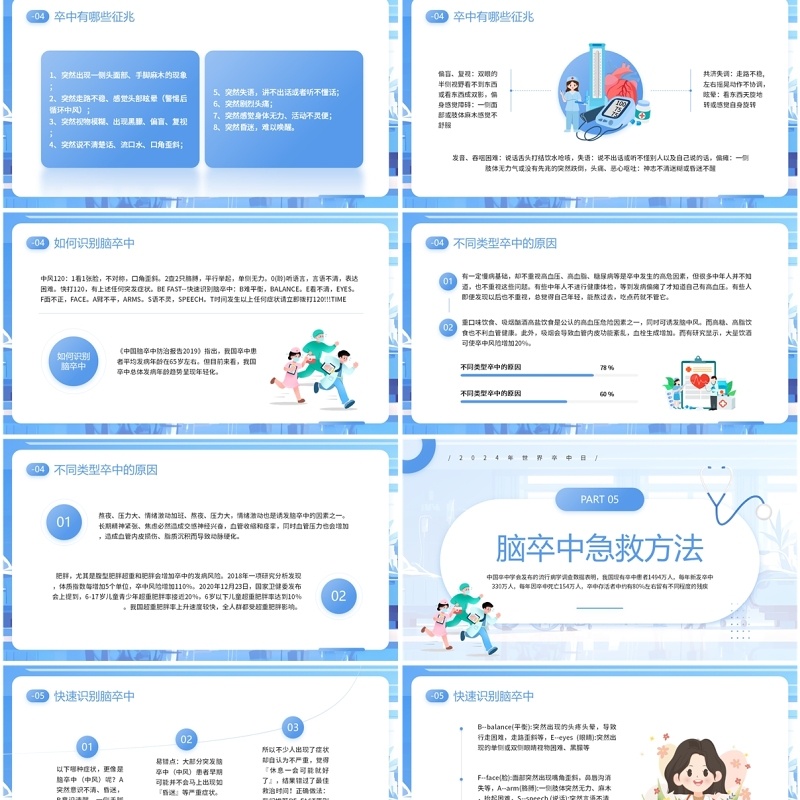 蓝色卡通风2024年世界卒中日PPT模板