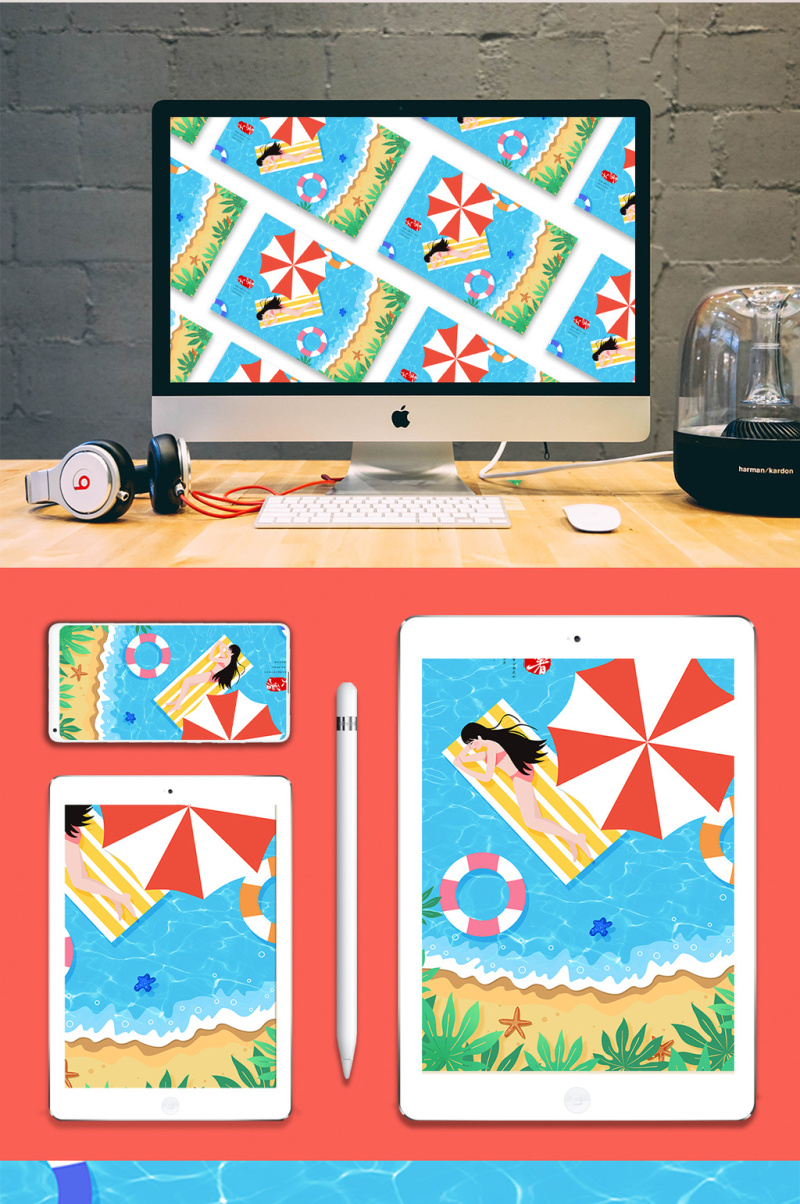 扁平清新简约时尚夏日少女海边度假插画