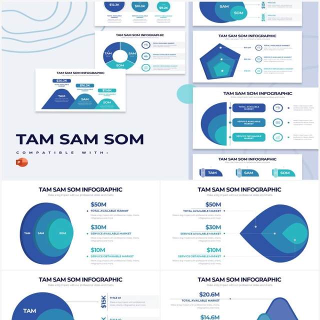 蓝绿色TAM SAM SOM市场分析商业计划书PPT信息图形素材TAM SAM SOM Powerpoint Infographics