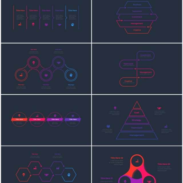 深色背景红色蓝色循环关系箭头拼图时间轴PPT信息图表素材Infographic Red Blue