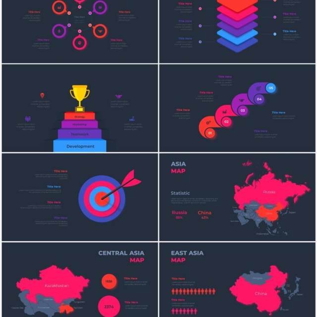 深色背景红色蓝色循环关系箭头拼图时间轴PPT信息图表素材Infographic Red Blue