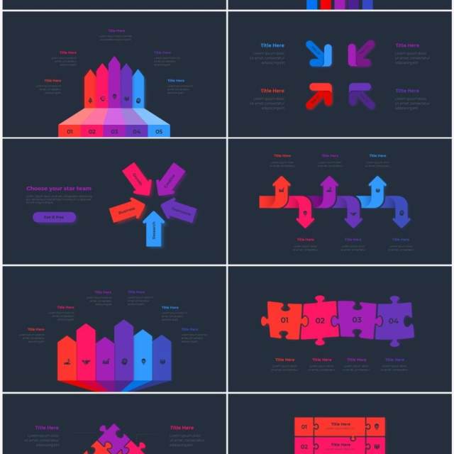 深色背景红色蓝色循环关系箭头拼图时间轴PPT信息图表素材Infographic Red Blue