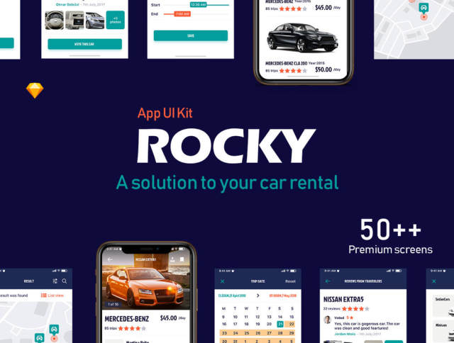 为Sketch，Rocky App UI Kit租用车载移动应用程序UI工具包