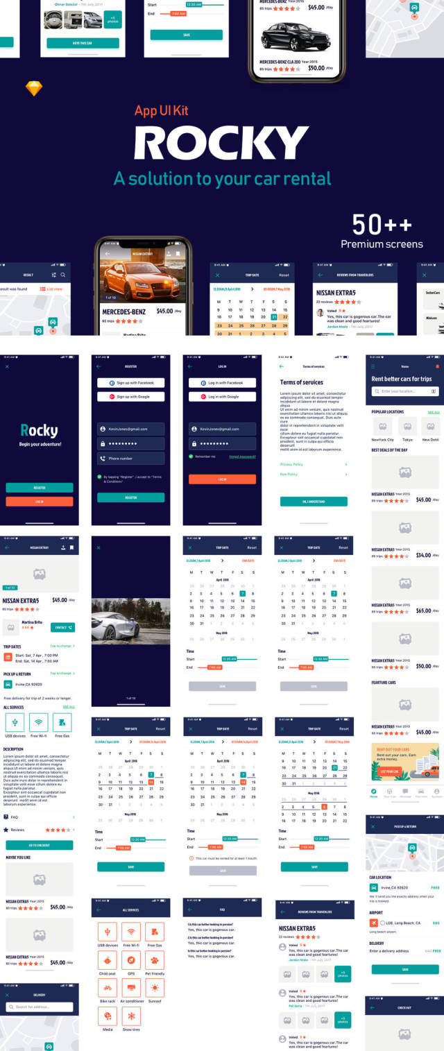 为Sketch,Rocky App UI Kit租用车载移动应用程序UI工具包 为Sketch,Rocky App UI Kit租用车载移动应用程序UI工具包