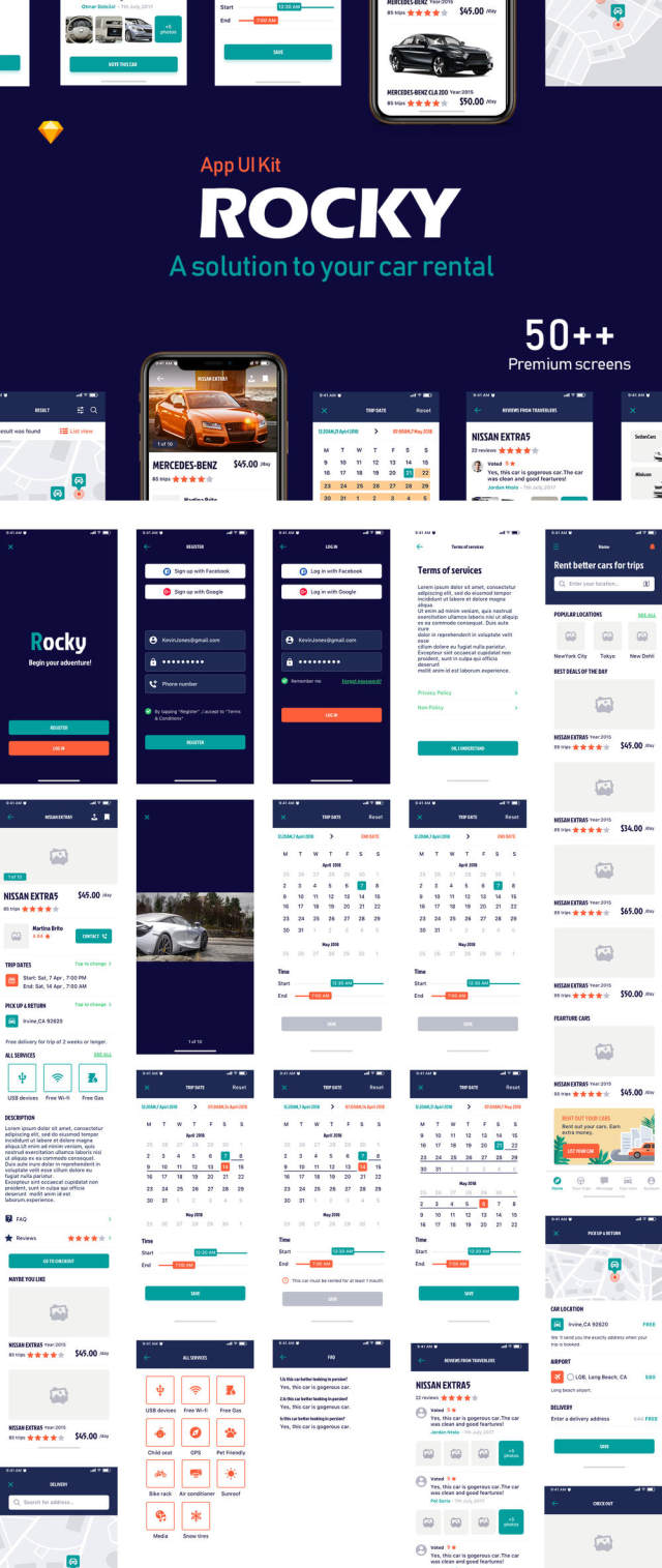 为Sketch，Rocky App UI Kit租用车载移动应用程序UI工具包