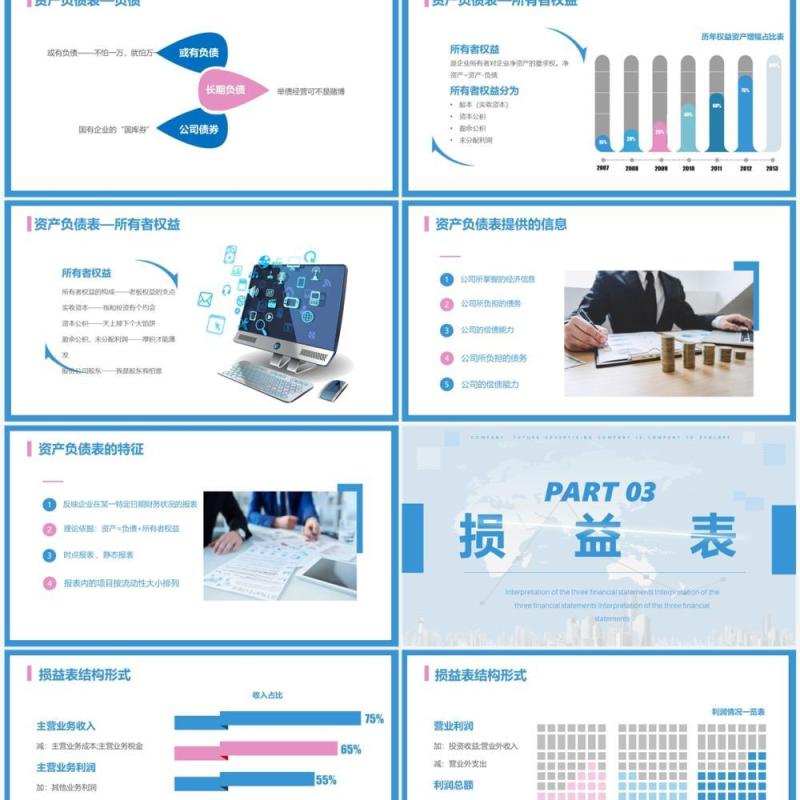 蓝粉色商务风三大报表解读PPT模板