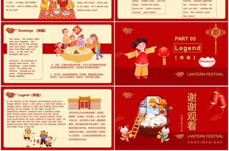 红色喜庆中国传统闹元宵节日英文介绍教育课件PPT模板