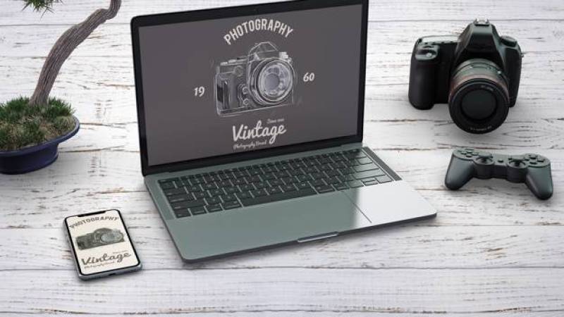 Stationery mockup with photography concept and devices