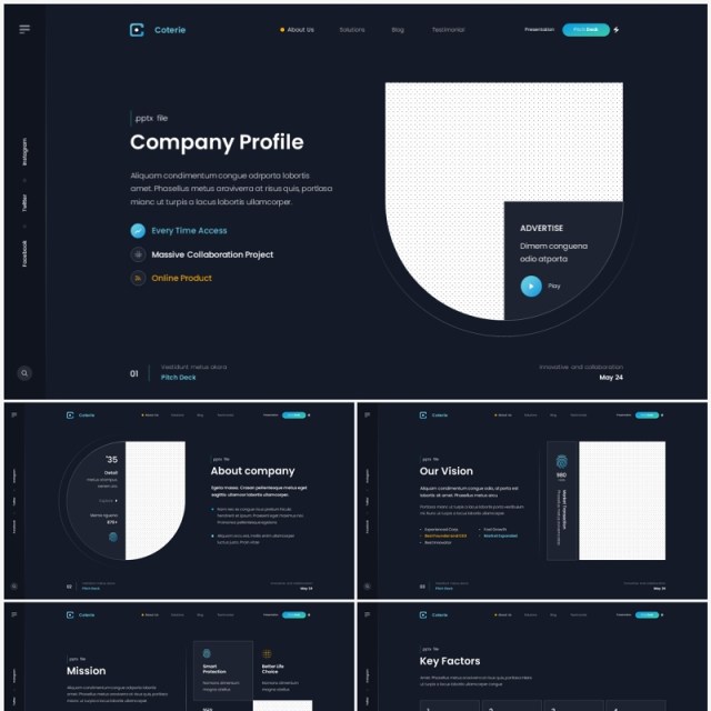 深色公司简介企业宣传PPT模板（无图可插图）Coterie - Company Profile