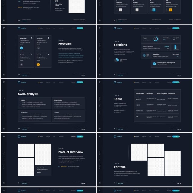 深色公司简介企业宣传PPT模板（无图可插图）Coterie - Company Profile