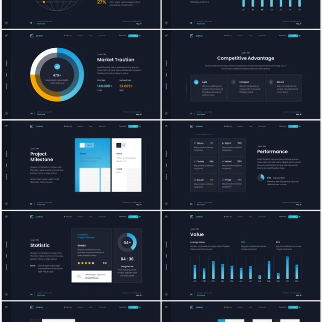 深色公司简介企业宣传PPT模板（无图可插图）Coterie - Company Profile