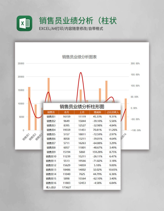 销售员业绩分析（柱状图饼图）excel模板