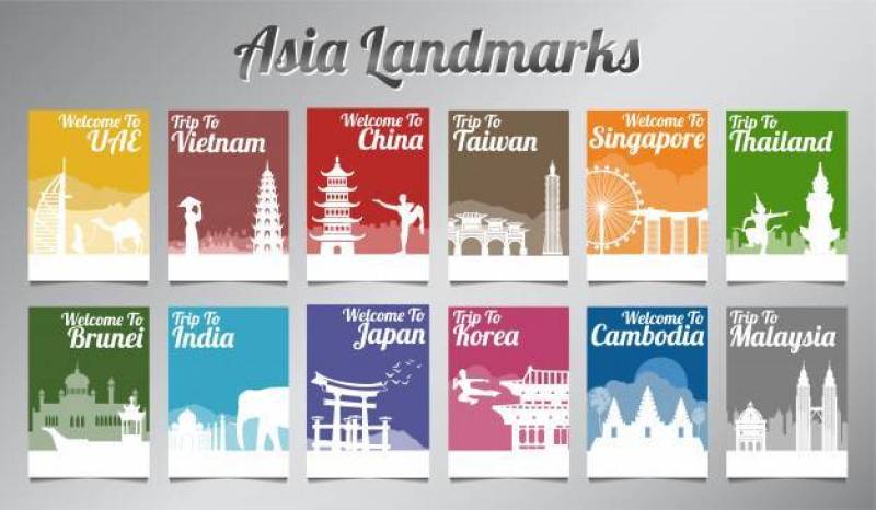 在剪影设计小册子集合的亚洲着名地标矢量素材下载