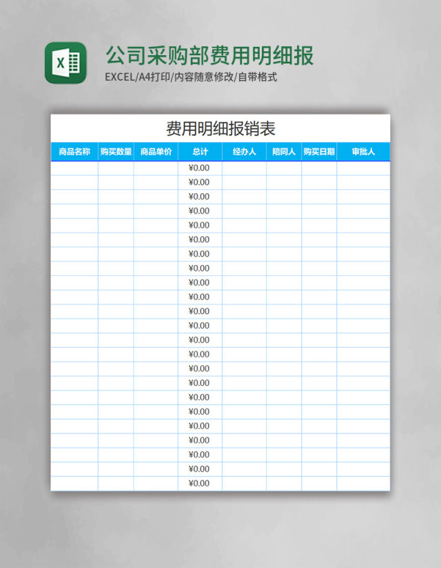 公司采购部费用明细报销表excel表格模板