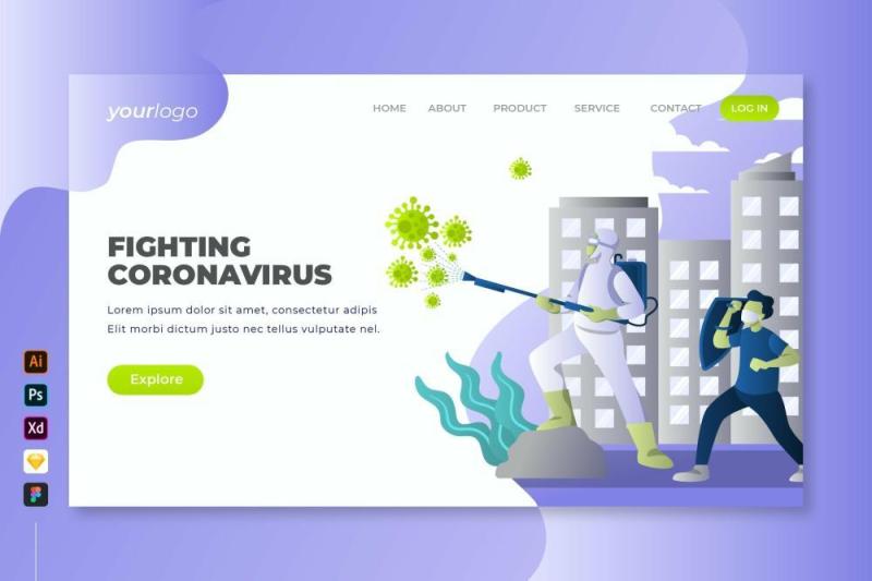 对抗冠状病毒载体登录页UI界面PSD设计模板fighting coronavirus vector landing page