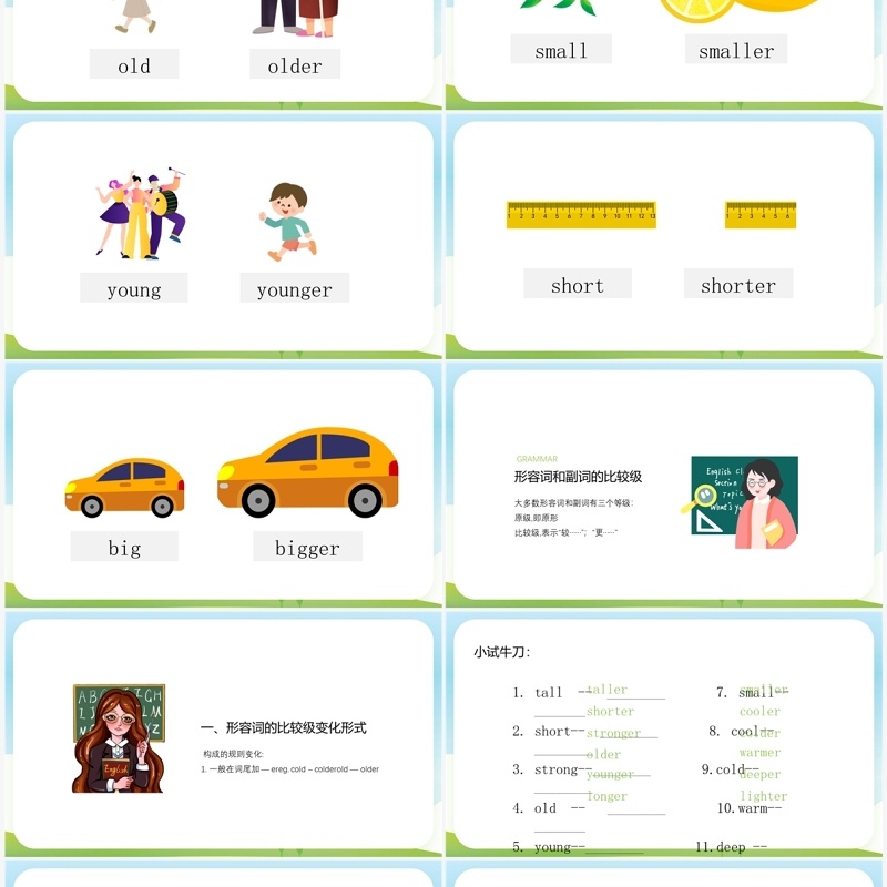 绿色卡通风英语形容词和副词的比较级PPT模板