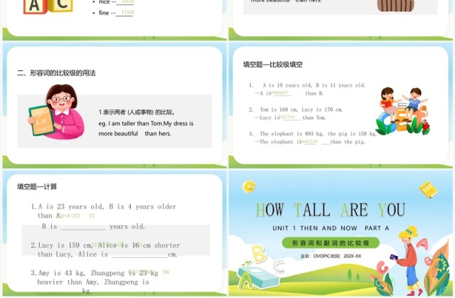 绿色卡通风英语形容词和副词的比较级PPT模板 绿色卡通风英语形容词和副词的比较级PPT模板